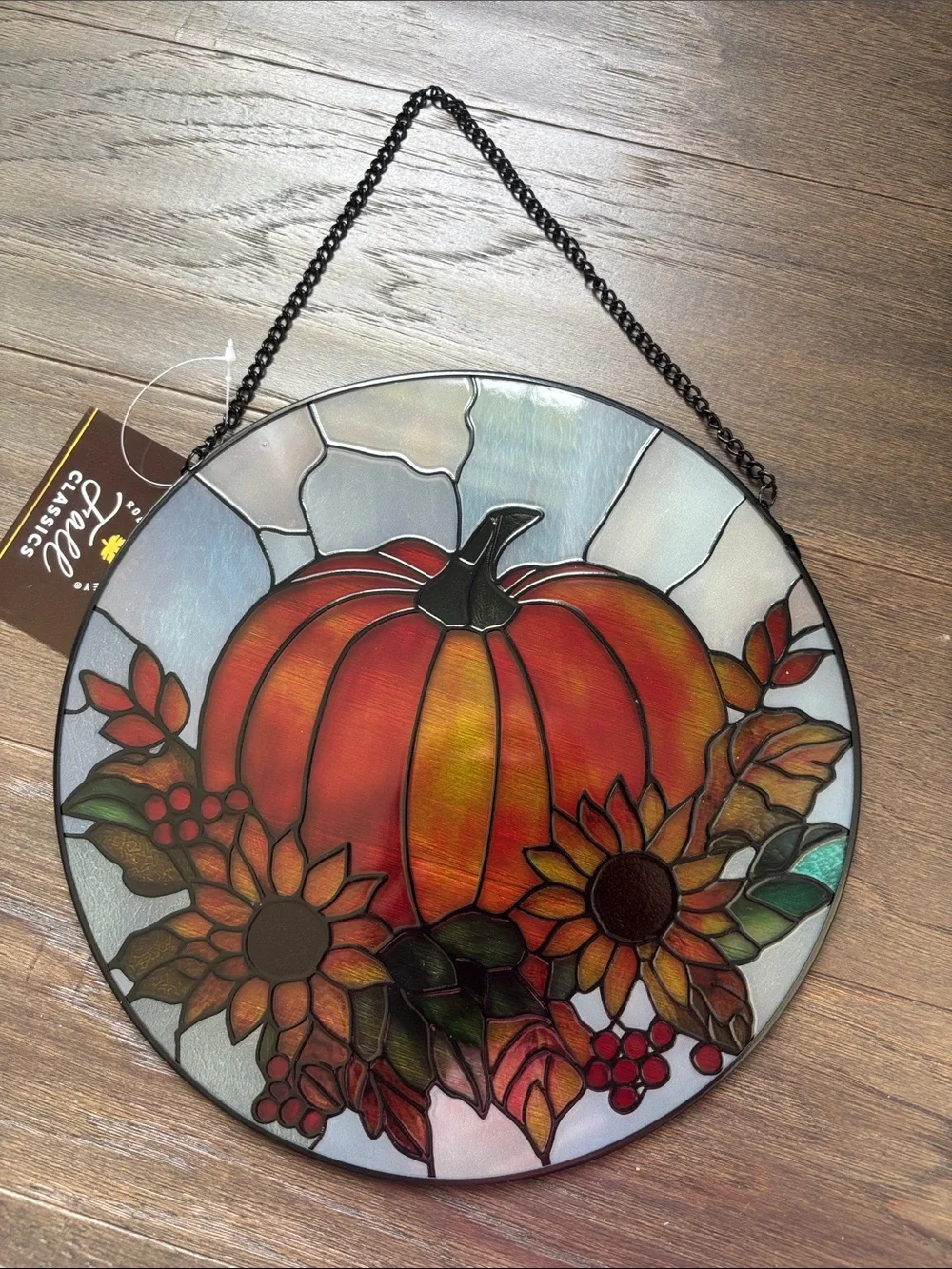 Hobby Lobby Pumpkin & Sunflowers Round Stained Glass Wall/Window decor,chain